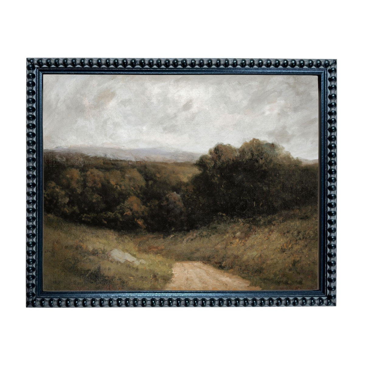 The image is a framed landscape painting depicting a dirt road winding through a wooded area with rolling hills in the distance.