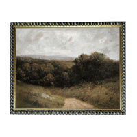 The image is a painting of a rural landscape with a dirt road leading through a wooded area.