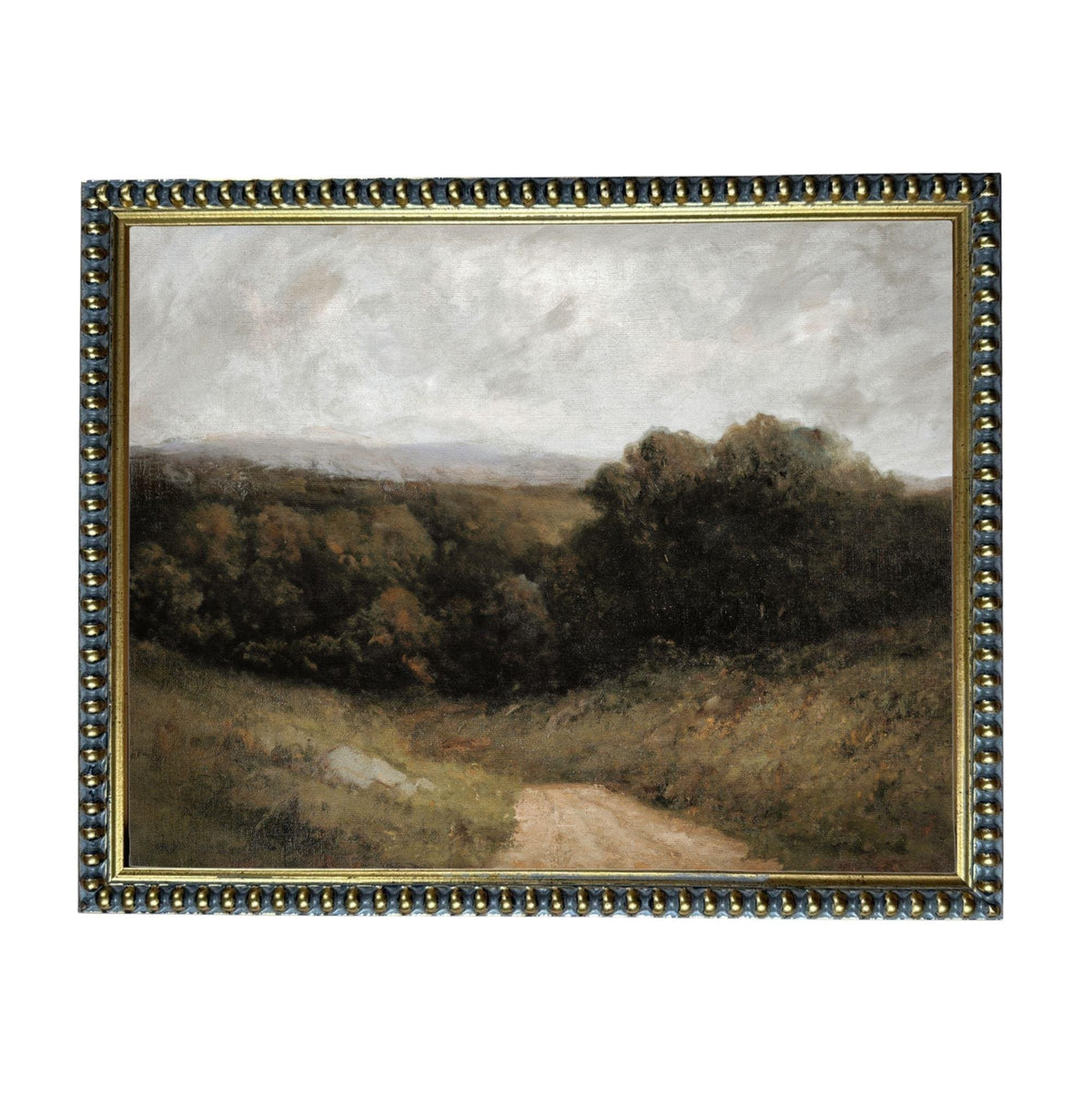The image is a painting of a rural landscape with a dirt road leading through a wooded area.