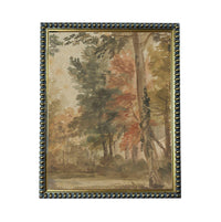The image is a painting of a forest scene with trees displaying autumn colors.