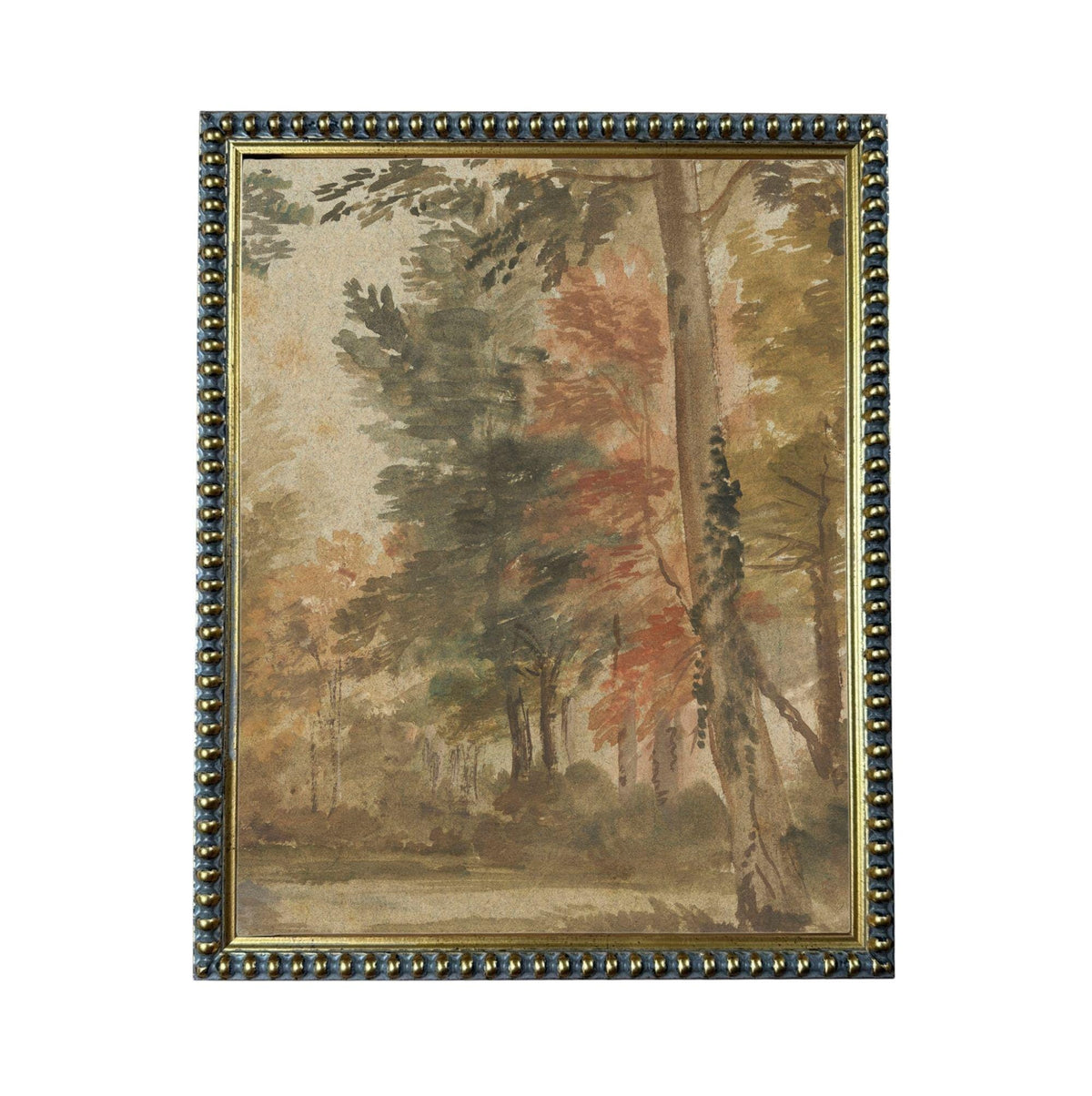 The image is a painting of a forest scene with trees displaying autumn colors.