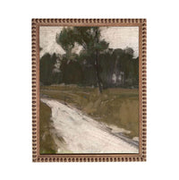 The image is a painting of a landscape with a winding road leading through a wooded area.