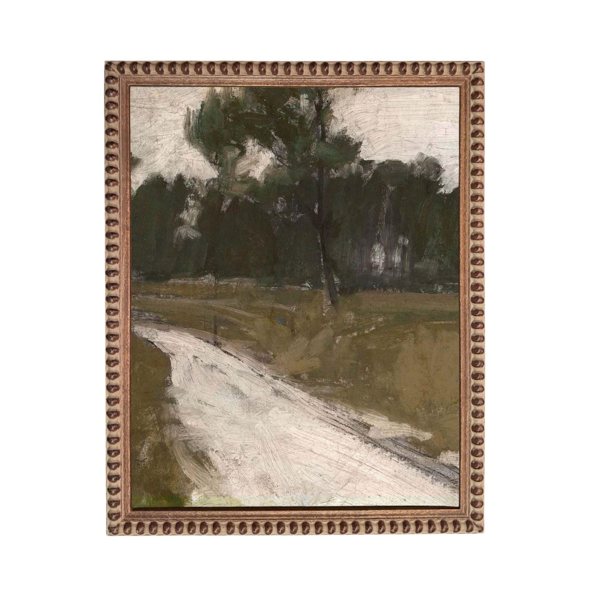 The image is a painting of a landscape with a winding road leading through a wooded area.
