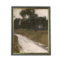 The image is a painting of a landscape with a winding road and trees in the background.