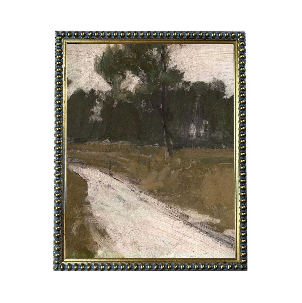 The image is a painting of a landscape with a winding road and trees in the background.
