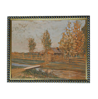 The image is a painting depicting a rural landscape with a wooden fence, trees, and a small building.