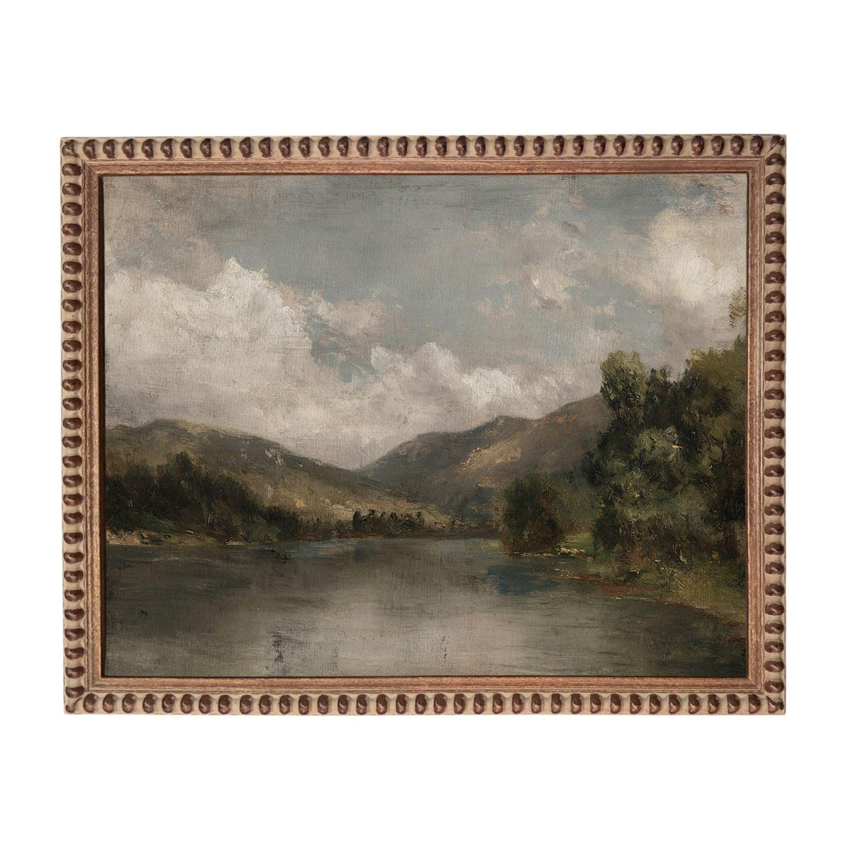 The image is a painting of a serene landscape featuring a lake surrounded by mountains and lush greenery.