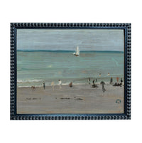The image is a painting depicting a beach scene with people and a sailboat in the ocean.