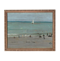 The image is a painting of a beach scene with people and a sailboat in the ocean.
