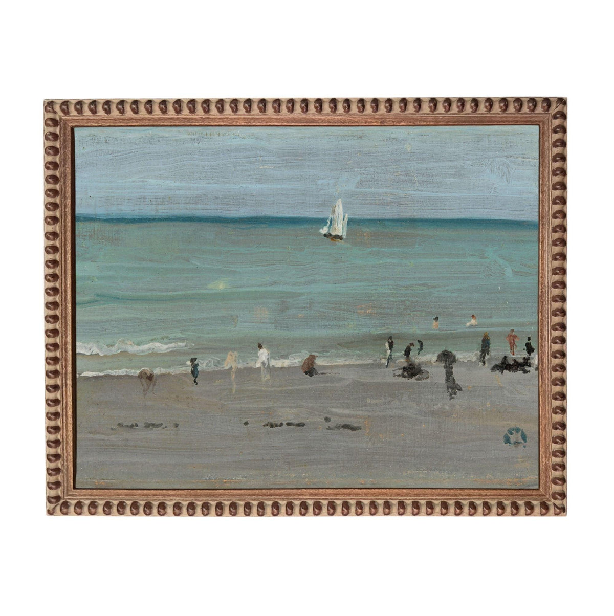 The image is a painting of a beach scene with people and a sailboat in the ocean.