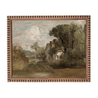 The image is a painting depicting a rural landscape with a house surrounded by trees and a body of water in the foreground.