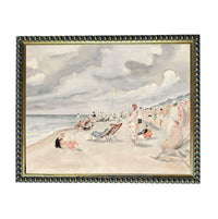 a lively beach scene with people relaxing on the sand and in chairs, enjoying the cloudy day.
