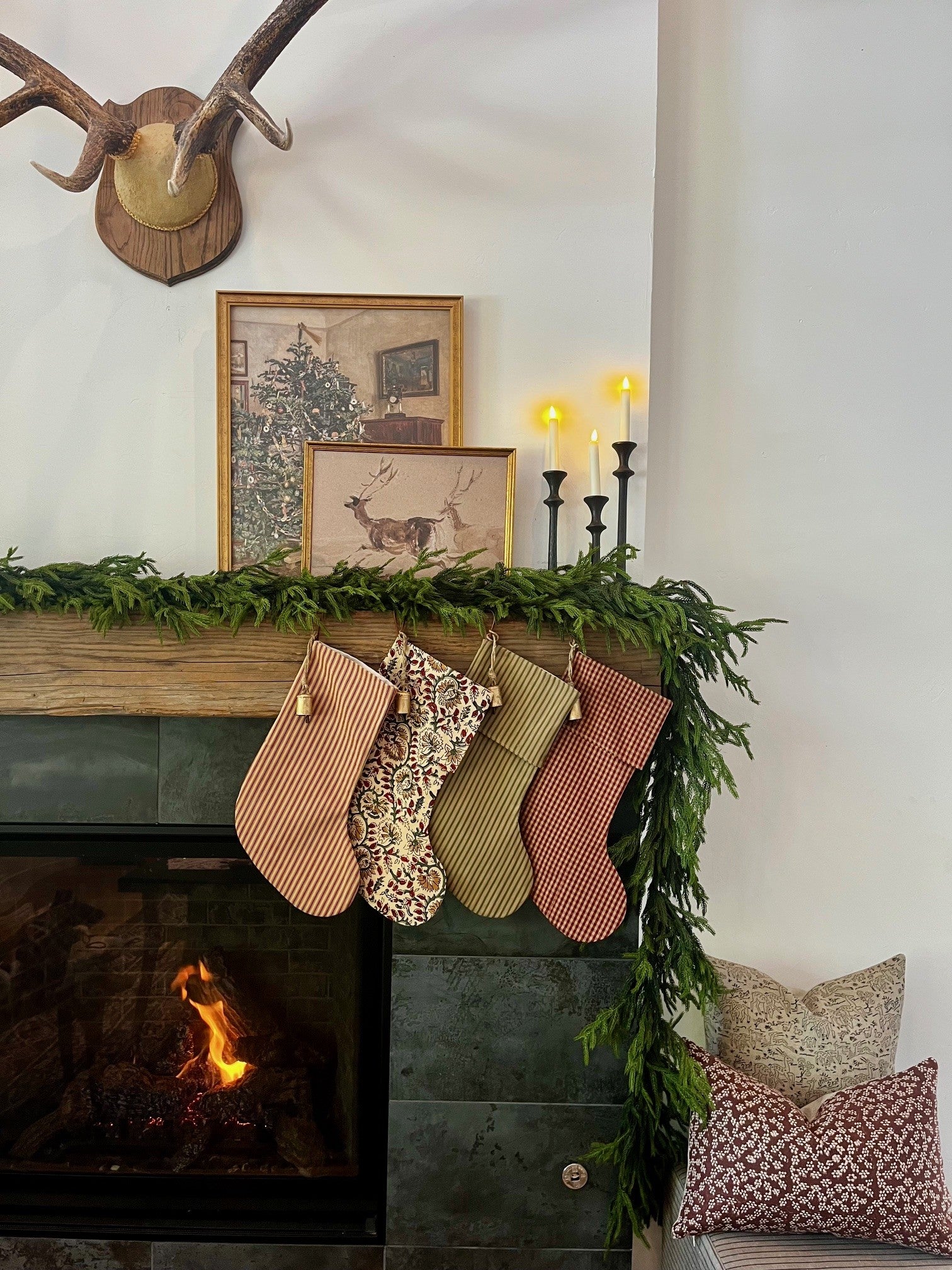 Christmas Stocking "Fold Over" Green and Tan Stripe
