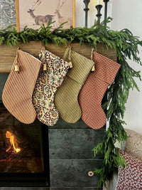 Christmas Stocking "Fold Over" Green and Tan Stripe