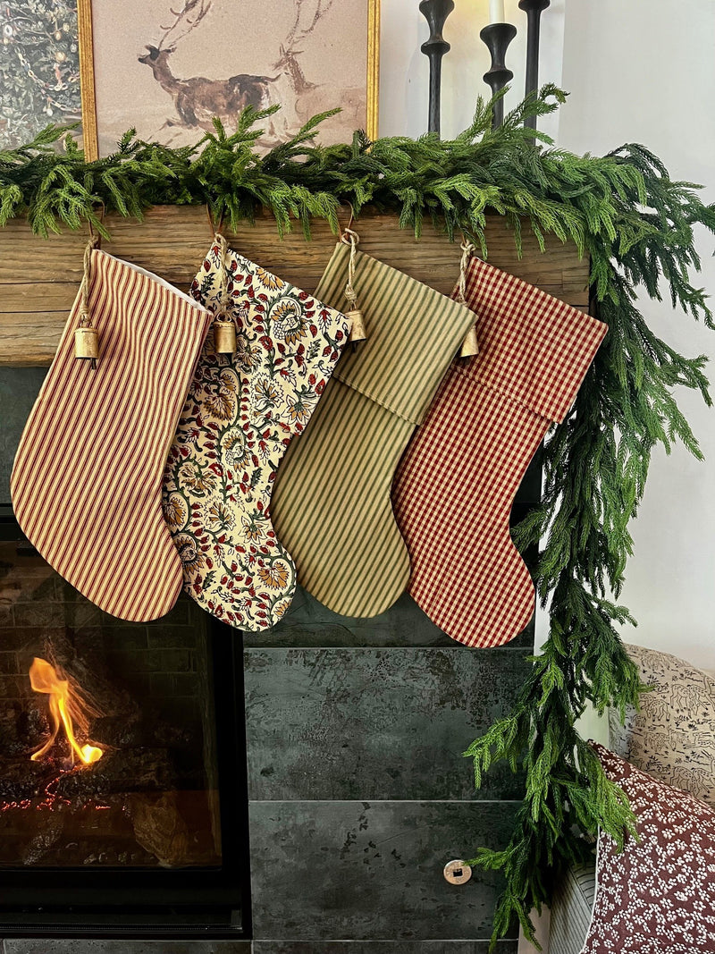 Christmas Stocking "Fold Over" Green and Tan Stripe