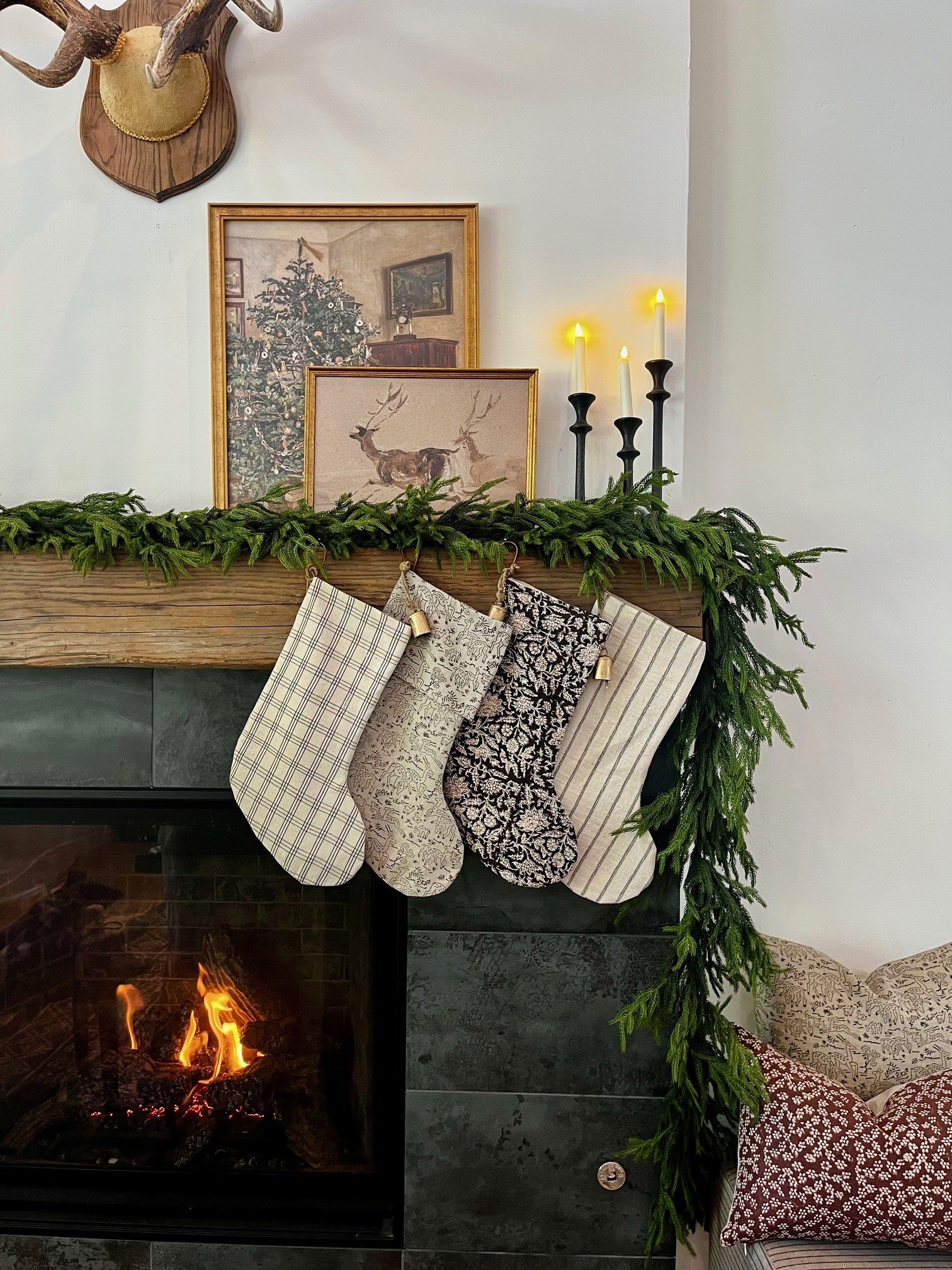 Christmas Stocking Reindeer Linen Print