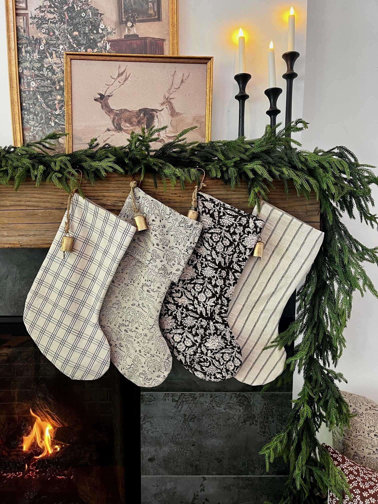 Christmas Stocking Reindeer Linen Print
