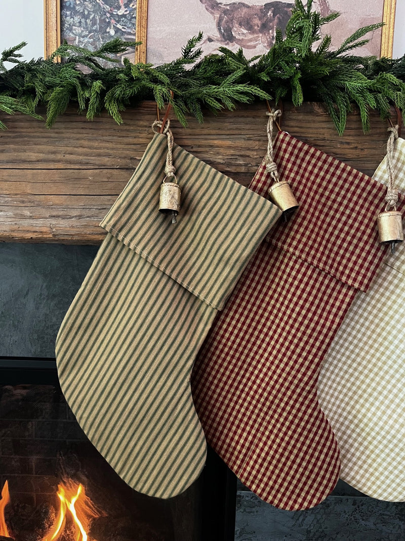 Christmas Stocking "Fold Over" Green and Tan Stripe