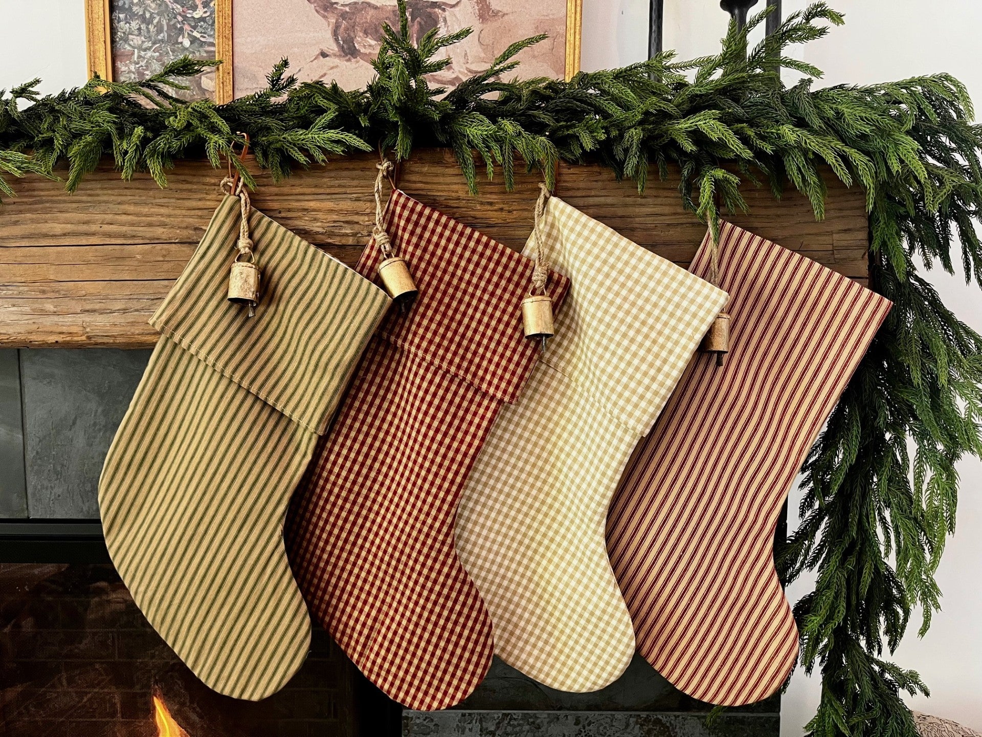 Christmas Stocking "Fold Over" Green and Tan Stripe