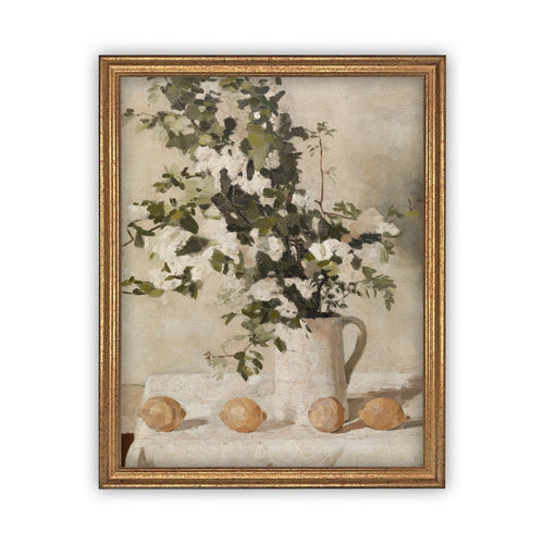 Vintage Framed Canvas Art  // Framed Vintage Print // Vintage Painting // Botanical Flowers and Lemons Painting // Kitchen Art  //#BOT-122