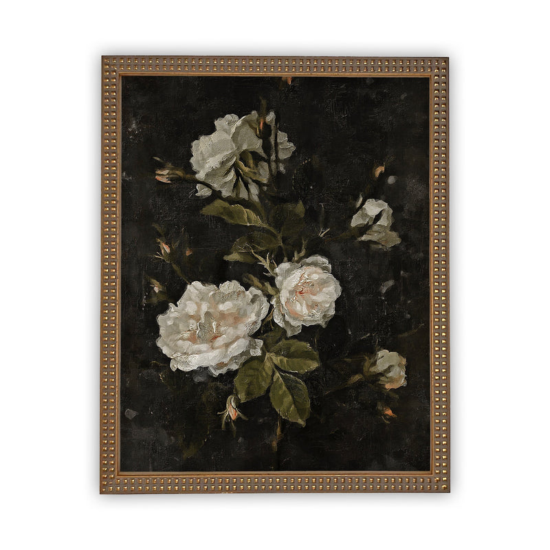 Vintage Framed Canvas Art// Framed Vintage Floral Print // Vintage White Roses Painting // Still Life Botanical / Farmhouse print //#BOT-104