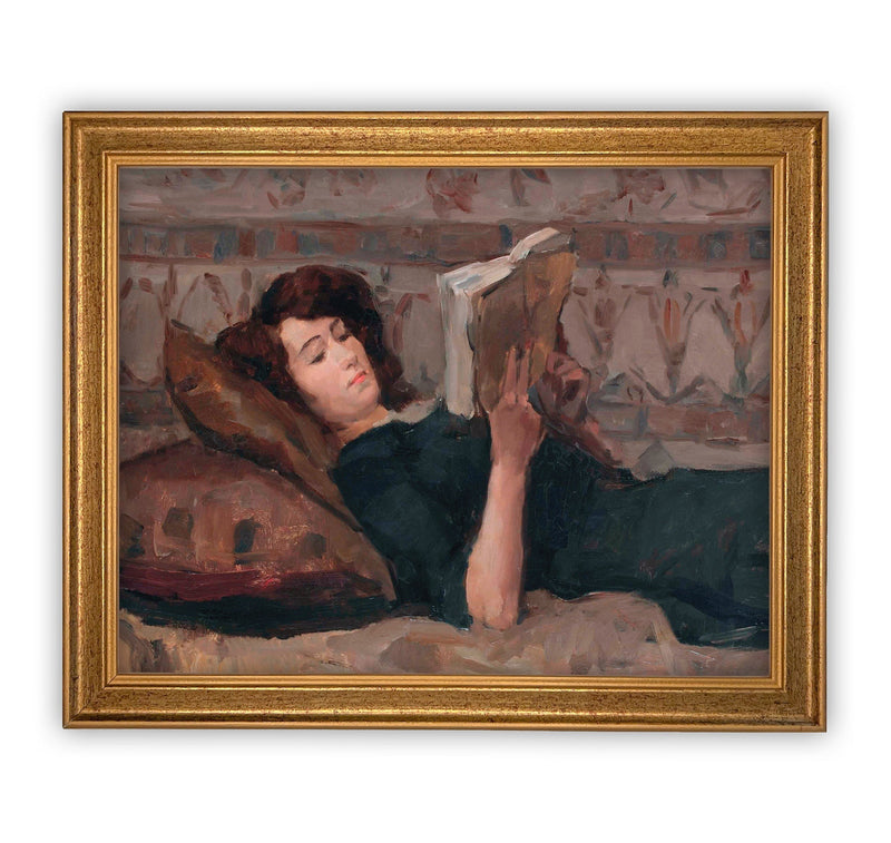 Vintage Framed Canvas Art  // Framed Vintage Print // Vintage Painting // Reading Woman Portrait // Farmhouse print //#P-508