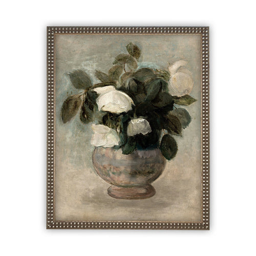 Vintage Framed Canvas Art  // Framed Vintage Floral Print // Vintage White Roses Painting // Still Life Botanical Farmhouse print //#BOT-126