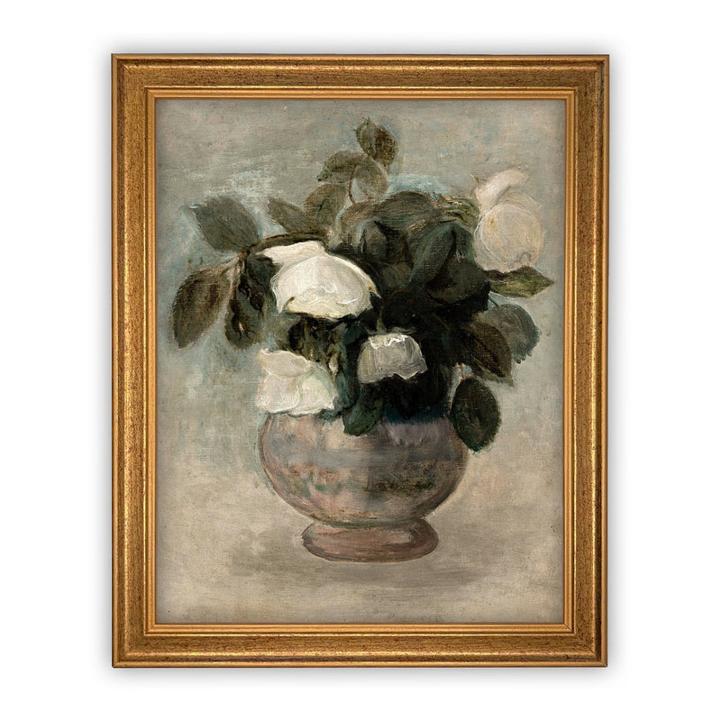 Vintage Framed Canvas Art  // Framed Vintage Floral Print // Vintage White Roses Painting // Still Life Botanical Farmhouse print //#BOT-126