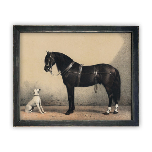 Vintage Framed Canvas Art  // Framed Vintage Print // Vintage Painting // Horse and Dog Equestrian Art // Farmhouse print //#A-124