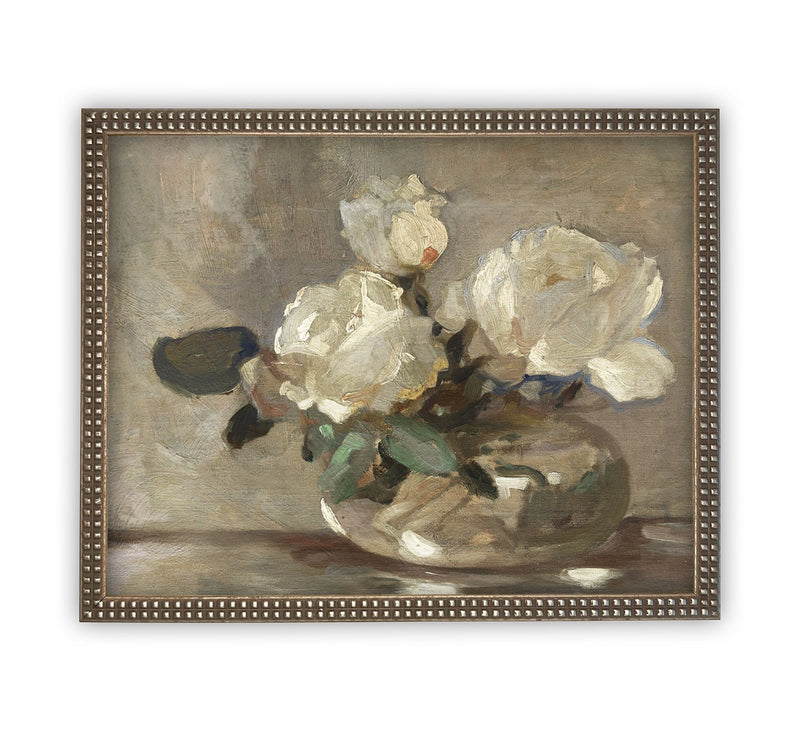 Vintage Framed Canvas Art  // Framed Vintage Floral Print // Vintage White Roses Painting // Still Life Botanical Farmhouse print //#BOT-109