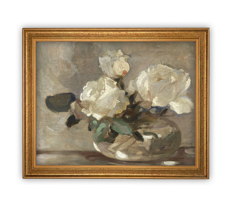 Vintage Framed Canvas Art  // Framed Vintage Floral Print // Vintage White Roses Painting // Still Life Botanical Farmhouse print //#BOT-109