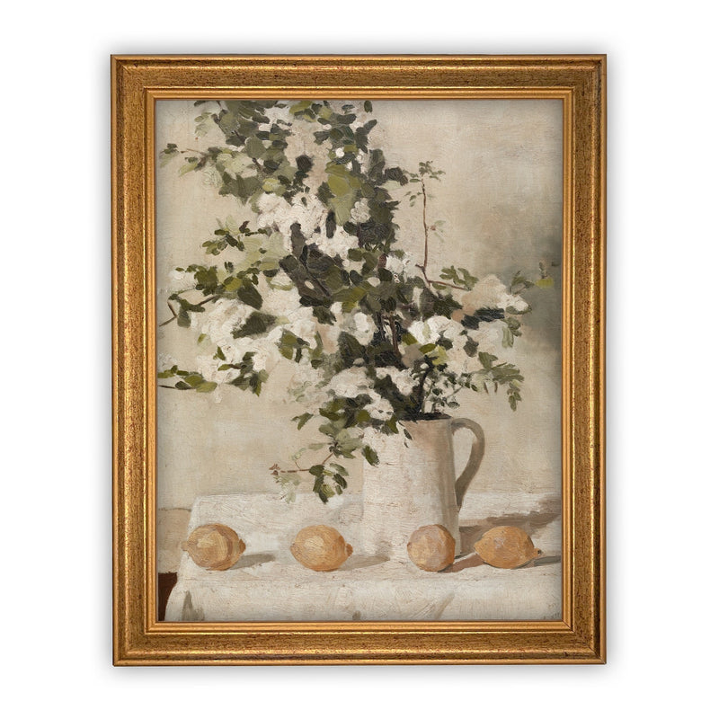 Vintage Framed Canvas Art  // Framed Vintage Print // Vintage Painting // Botanical Flowers and Lemons Painting // Kitchen Art  //#BOT-122