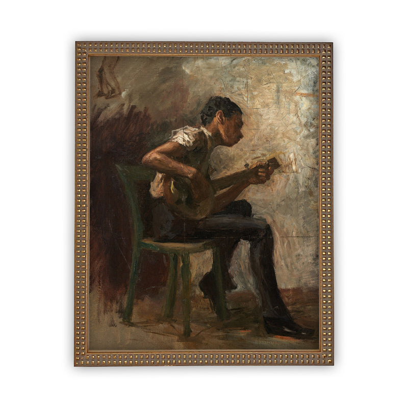 Vintage Framed Canvas Art  // Framed Vintage Print // Vintage Painting // Boy Playing Guitar Art// Farmhouse print //#P-509