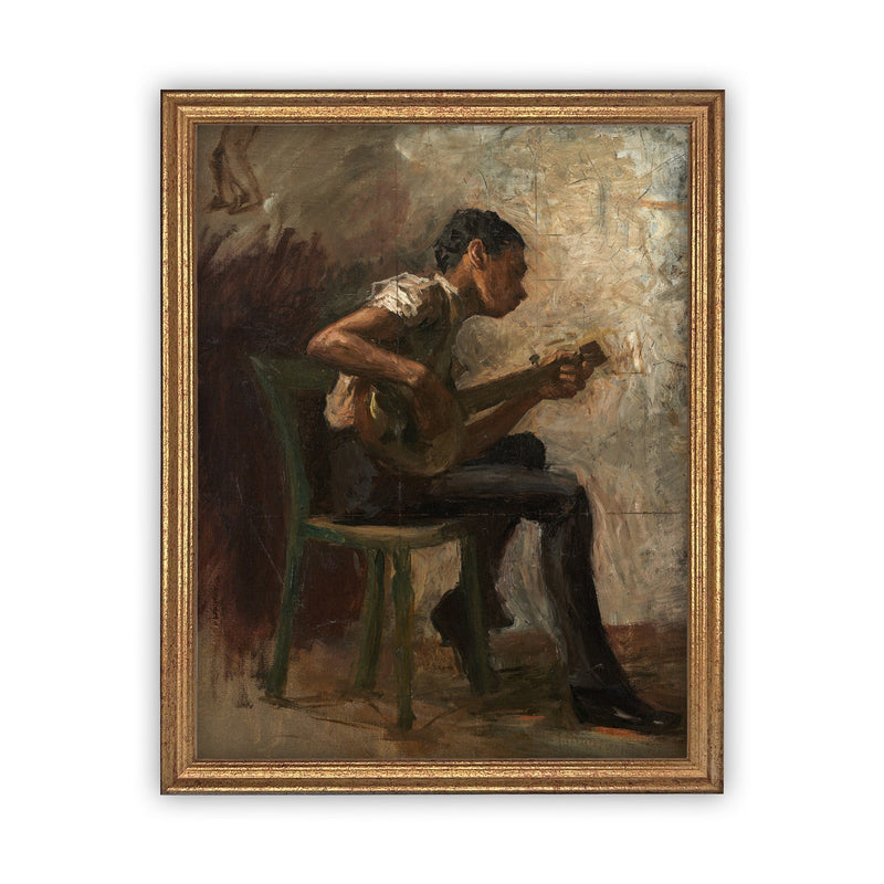 Vintage Framed Canvas Art  // Framed Vintage Print // Vintage Painting // Boy Playing Guitar Art// Farmhouse print //#P-509