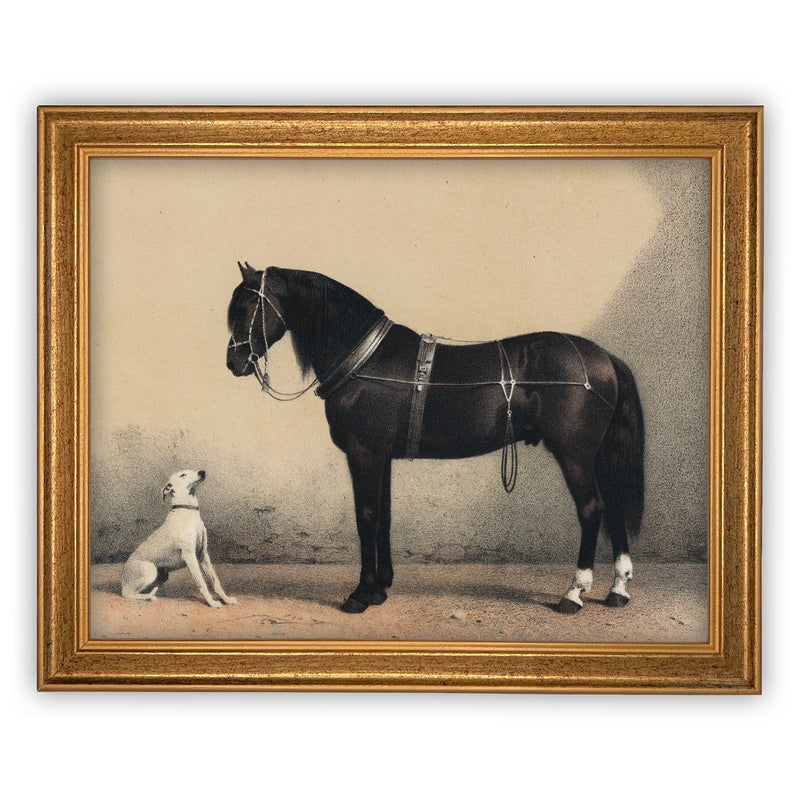 Vintage Framed Canvas Art  // Framed Vintage Print // Vintage Painting // Horse and Dog Equestrian Art // Farmhouse print //#A-124