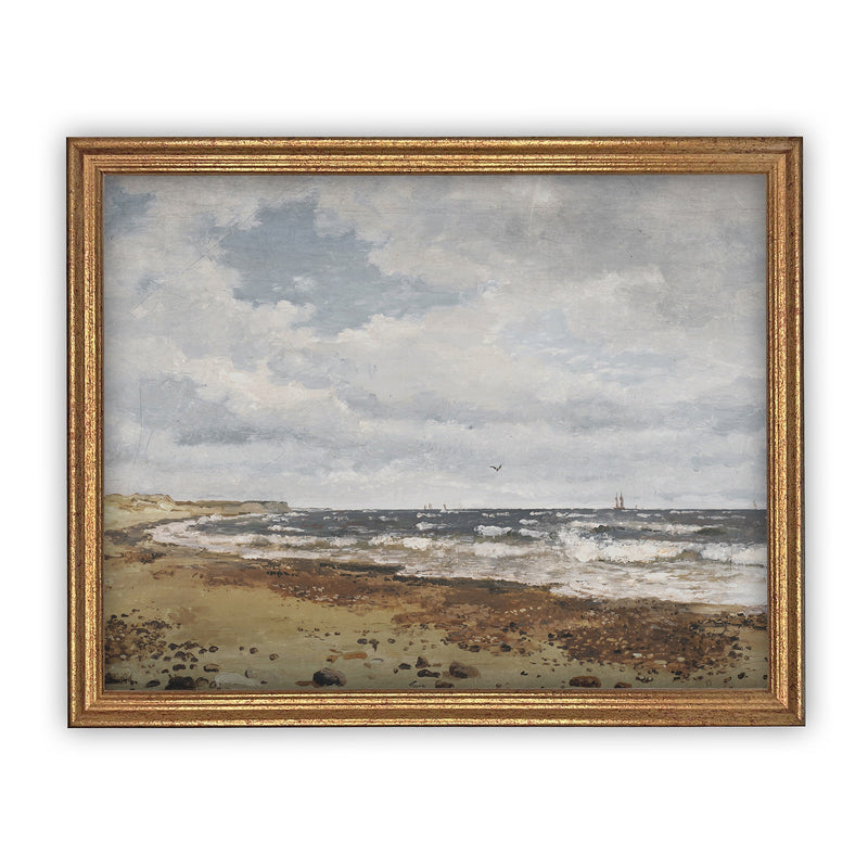 Vintage Framed Canvas Art // Framed Vintage Print // Seascape Coastal Beach Vintage Oil Painting // Farmhouse Print //#LAN-180