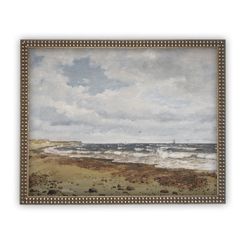 Vintage Framed Canvas Art // Framed Vintage Print // Seascape Coastal Beach Vintage Oil Painting // Farmhouse Print //#LAN-180