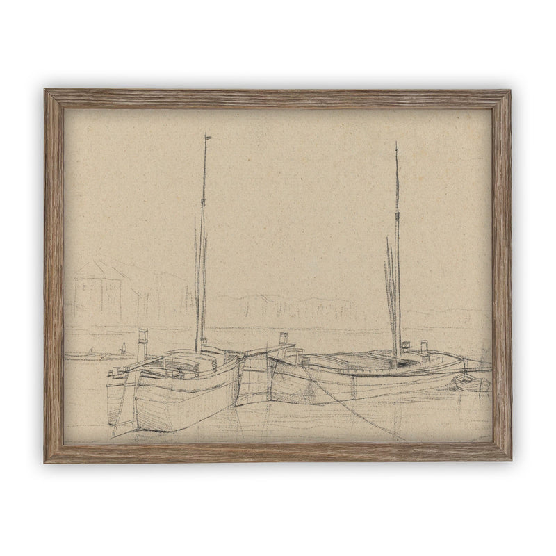 Vintage Framed Canvas Art  // Framed Vintage Print // Vintage Painting // Vintage Sailboat Sketch // Farmhouse print //#LAN-188