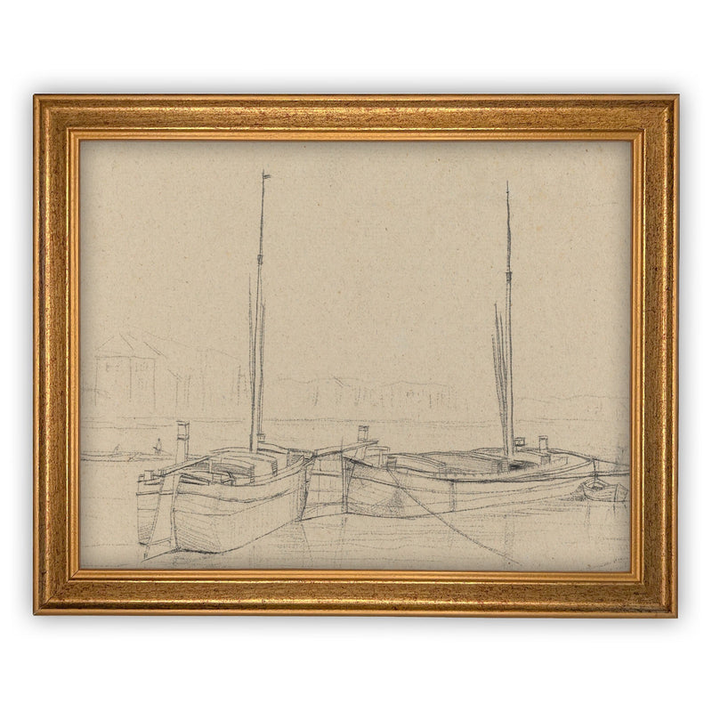 Vintage Framed Canvas Art  // Framed Vintage Print // Vintage Painting // Vintage Sailboat Sketch // Farmhouse print //#LAN-188