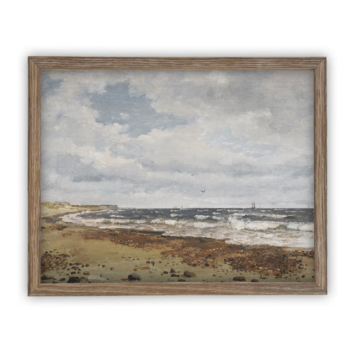 Vintage Framed Canvas Art // Framed Vintage Print // Seascape Coastal Beach Vintage Oil Painting // Farmhouse Print //#LAN-180