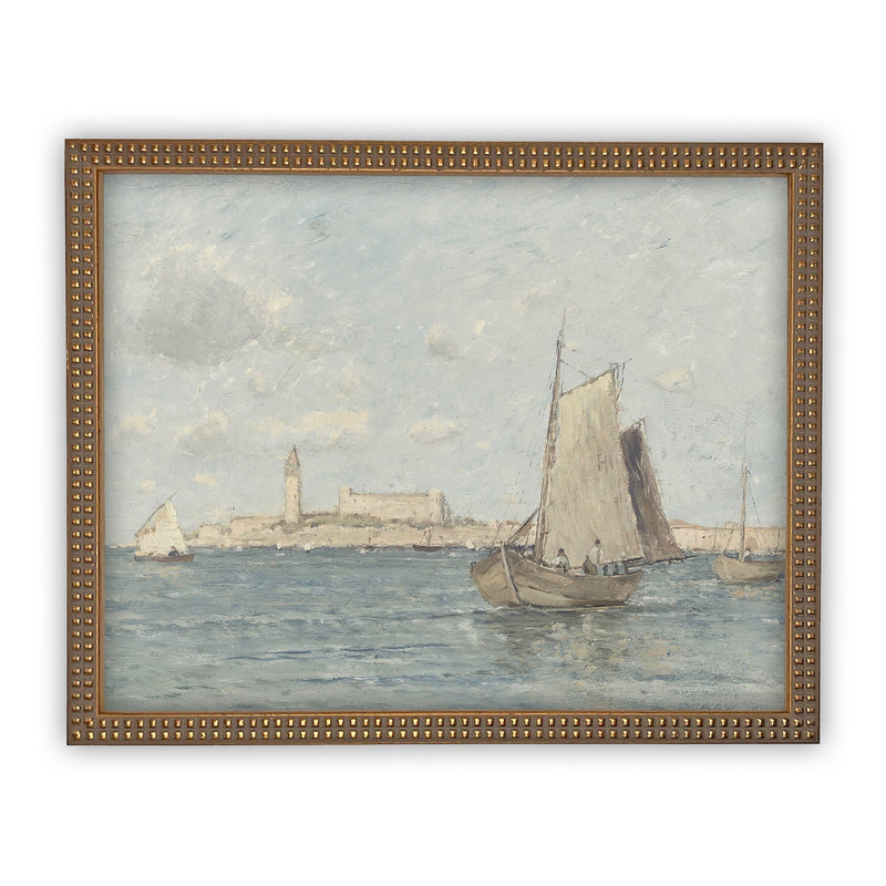 Vintage Framed Canvas Art  // Framed Vintage Nautical Print // Vintage Painting // Sailboat Art // Beach House print //#LAN-183