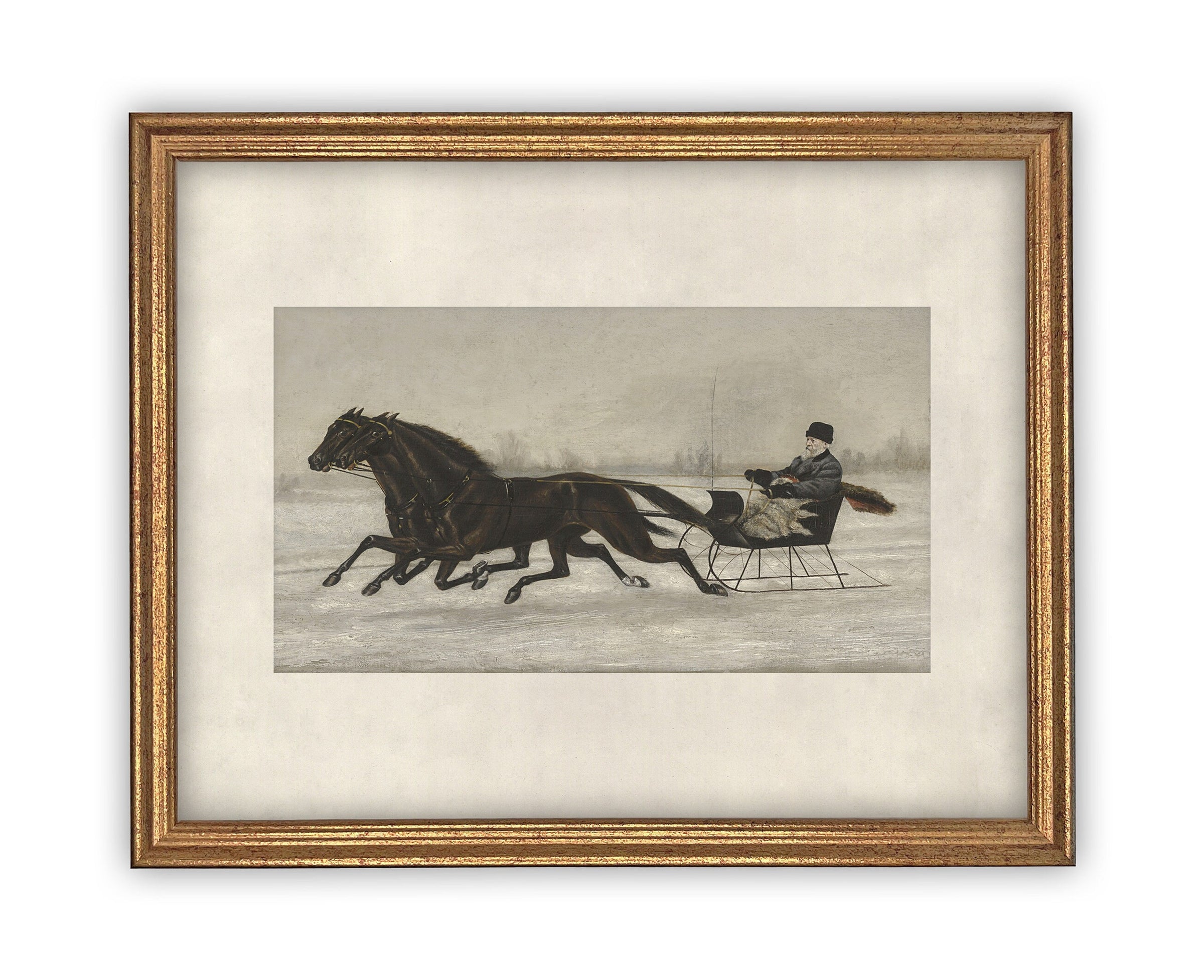 Vintage Framed Canvas Art // Framed Vintage Christmas Print // Vintage Painting //Winter Sleigh Ride // Farmhouse print //#CH-317