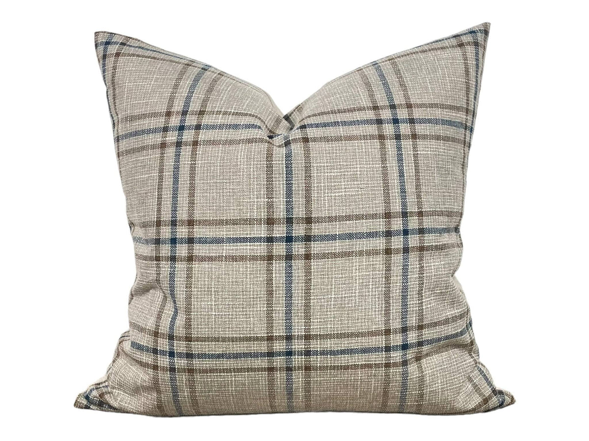 READY TO SHIP 22X22 Designer "Beaumont" Plaid Pillow Cover // Brown and Blue Plaid Pillow Cover // Boutique Pillow // Modern Farmhouse